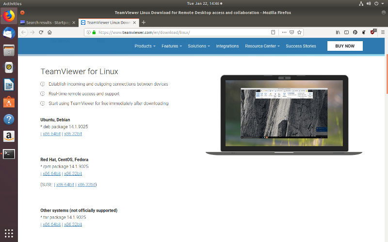 Страница загрузки TeamViewer на Linux с выбором DEB/RPM