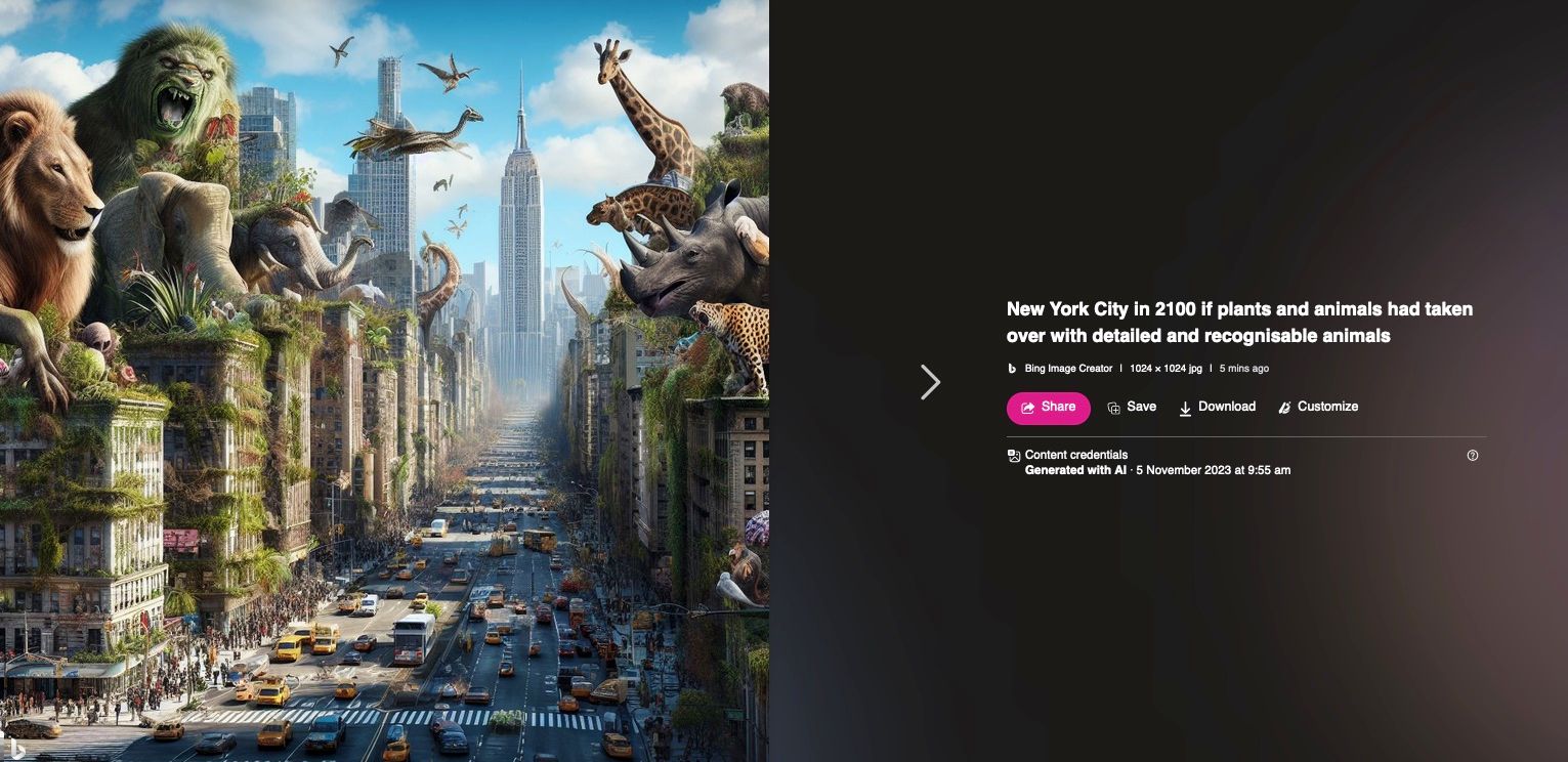 Снимок города с животными и растениями на крышах, сгенерированный DALL-E 3