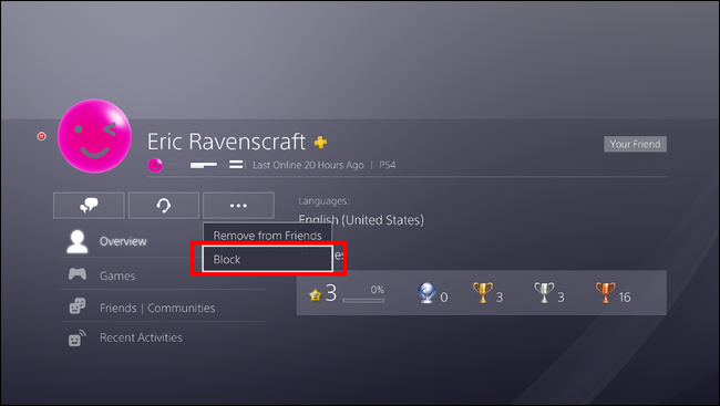 Меню: выбор Блокировать пользователя
