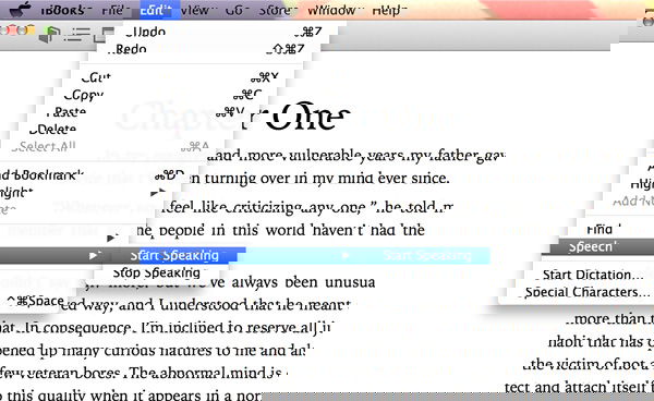 Menu Modifica di iBooks che mostra l'opzione Voce e Avvia lettura
