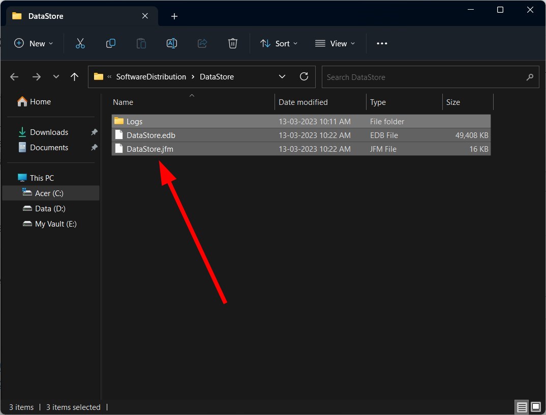 Выделение всех файлов в папке DataStore