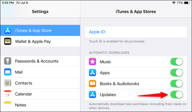 Настройки → iTunes Store и App Store с переключателем обновлений приложений