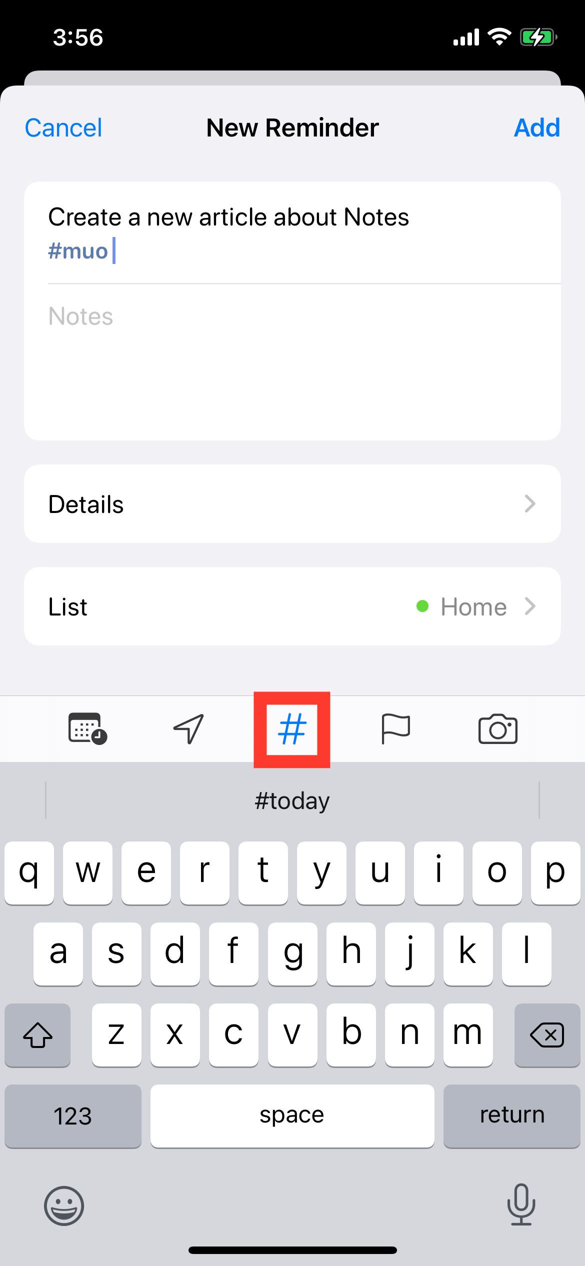 Кнопка Тег в Reminders