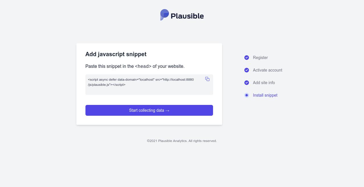 Скриншот отображения кода отслеживания Plausible