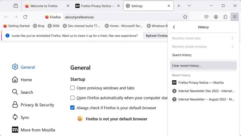 Очистка недавней истории в Firefox
