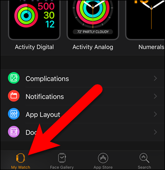 Экран «Мой Watch» на iPhone — активная вкладка внизу экрана