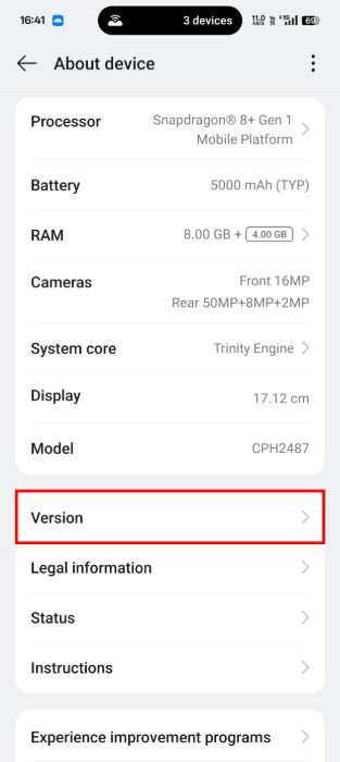 Version In About Device