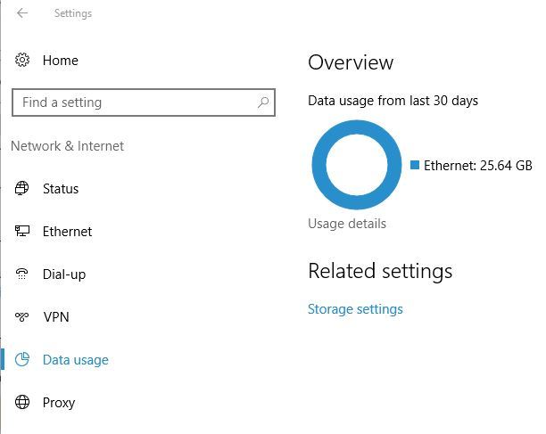 Gráfico de uso de dados no app Configurações do Windows 10