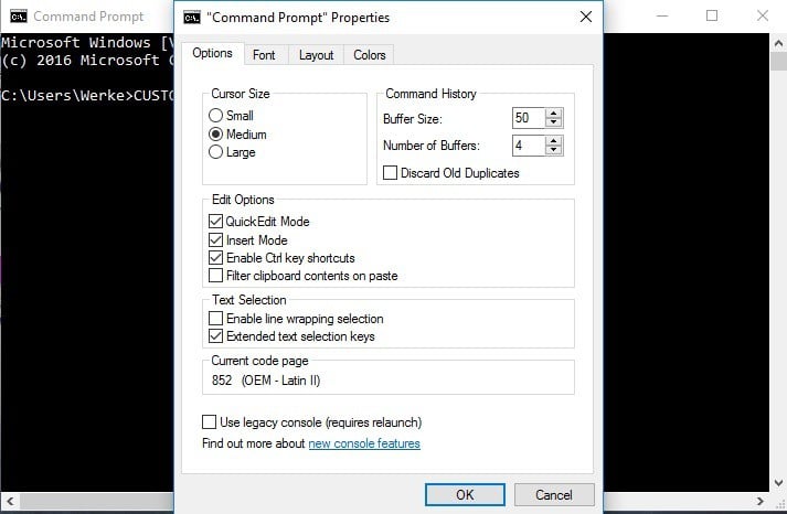 Окно выбора шрифта для Command Prompt