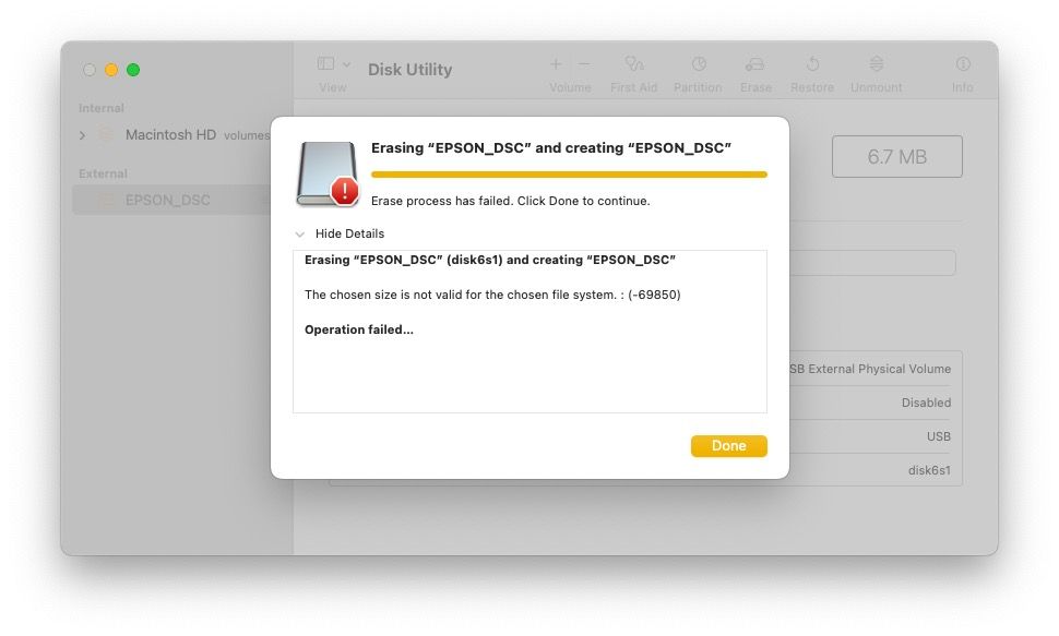 Скриншот ошибки размера в Disk Utility на Mac при попытке форматирования старой карты маленького объёма