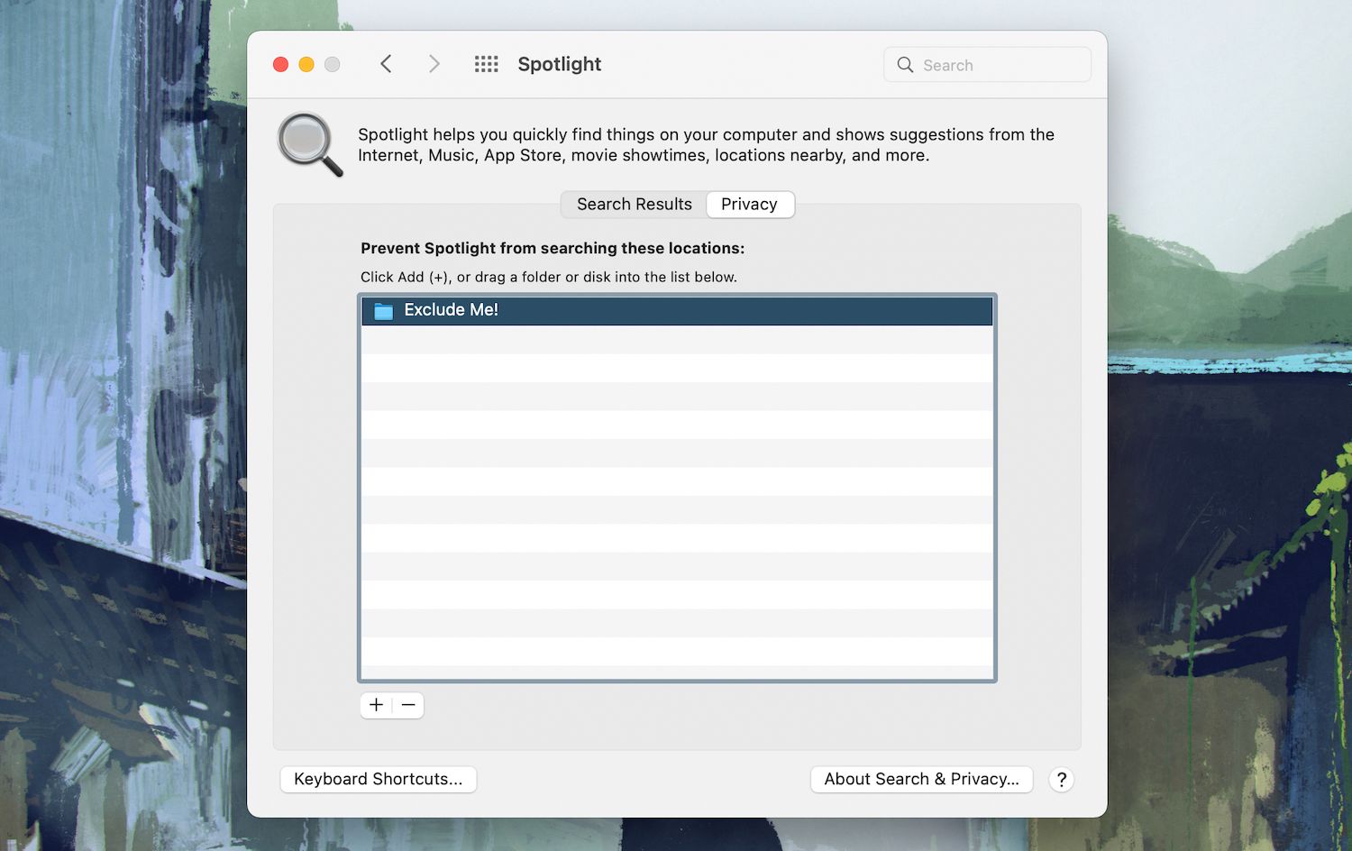Список исключённых папок Spotlight на Mac