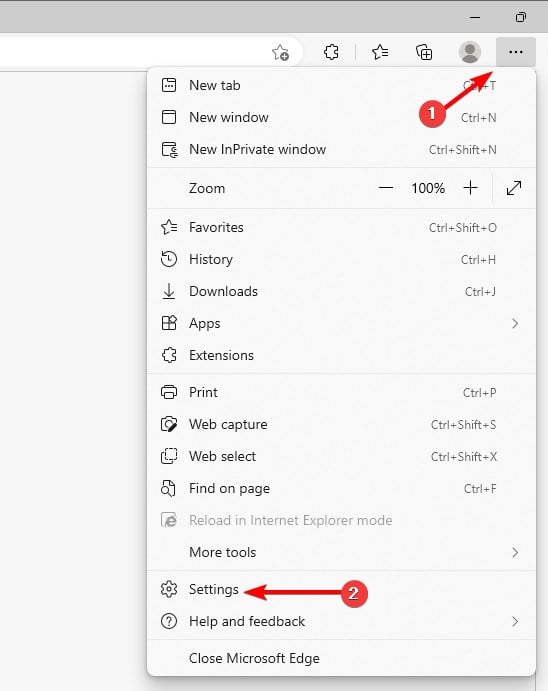 Пункт меню «Настройки» в Microsoft Edge