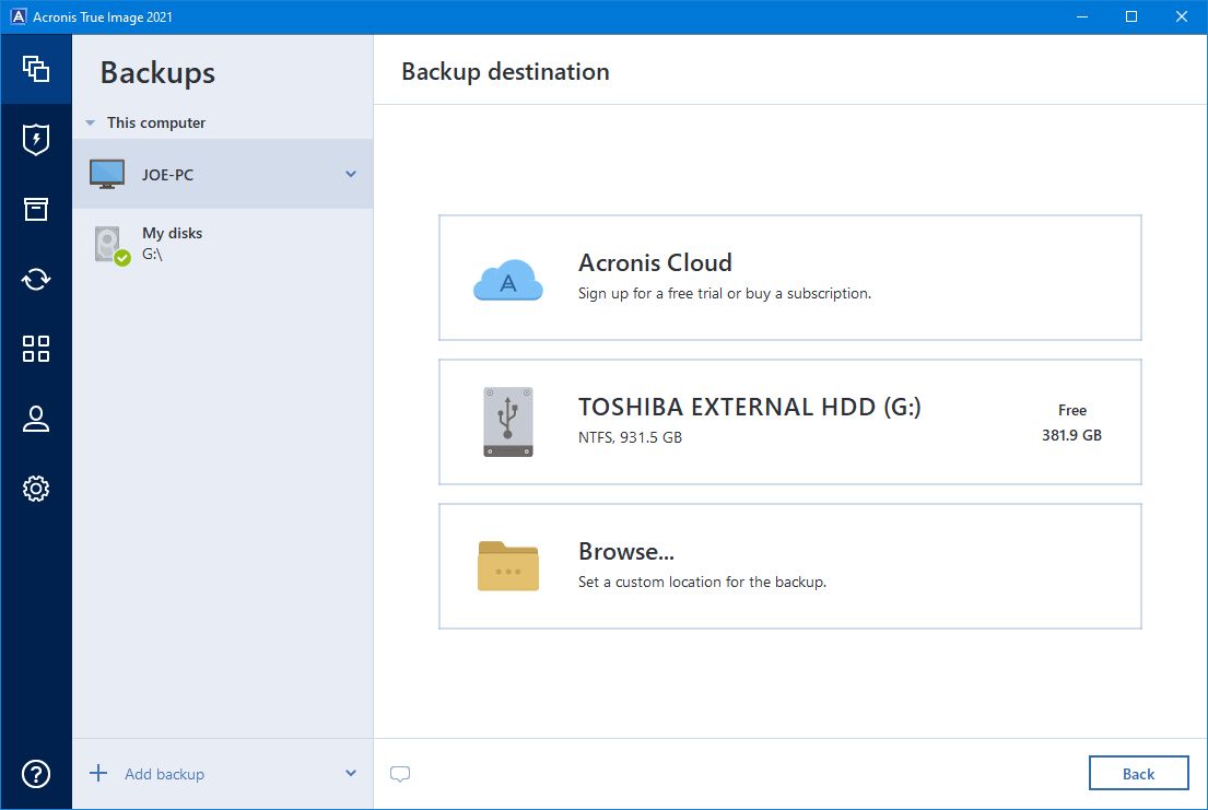 Выбор места назначения в Acronis