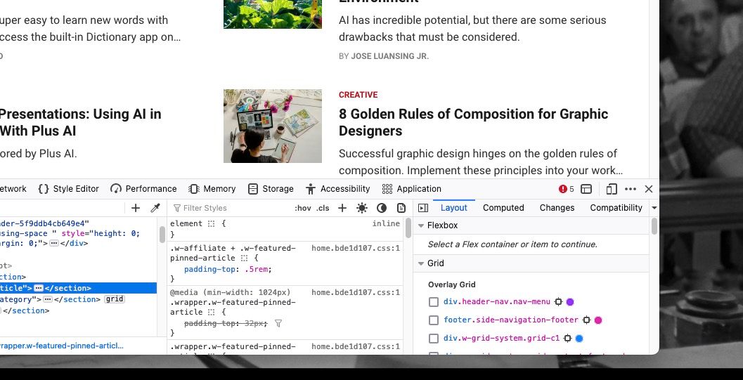 Кнопка закрытия инспектора видна в Firefox для Mac