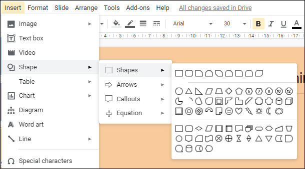 Вставка фигуры в Google Slides: Вставка → Фигура → Shapes
