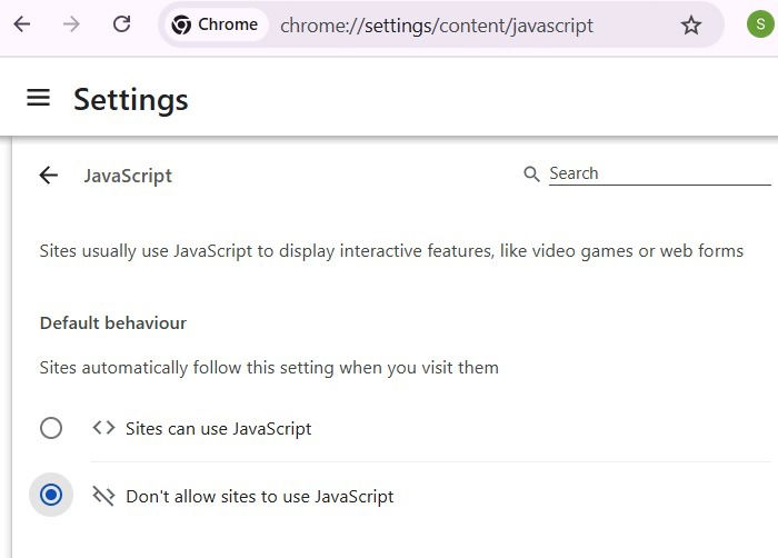 '사이트에서 자바스크립트를 사용하지 않도록 설정하는 Chrome 화면.
