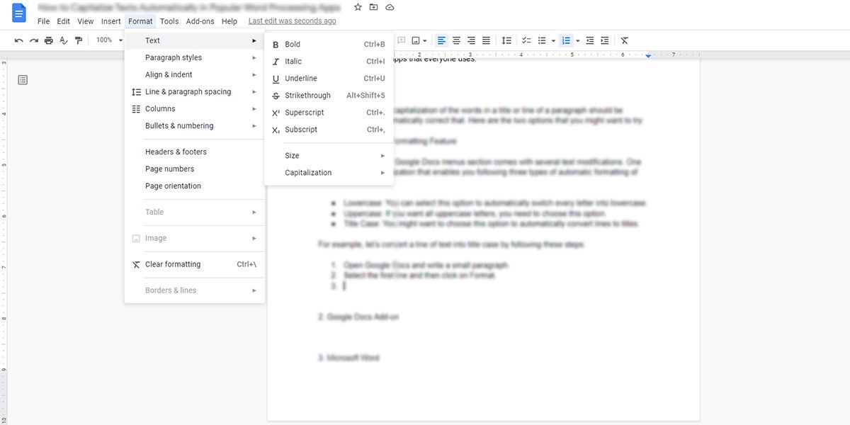 Опция «Регистр» в меню Google Docs