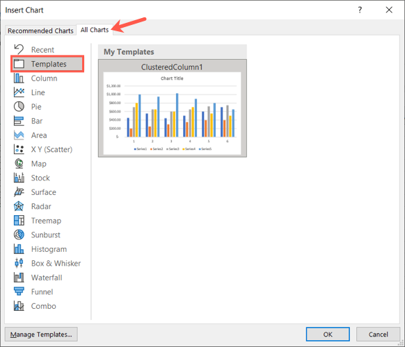 Окно Вставки диаграммы: вкладка Все диаграммы с секцией «Шаблоны»