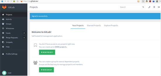 GitLab успешно установлен: панель проекта