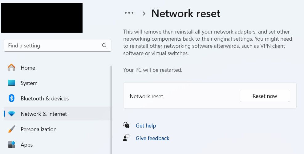 Опция сброса сети в Windows.
