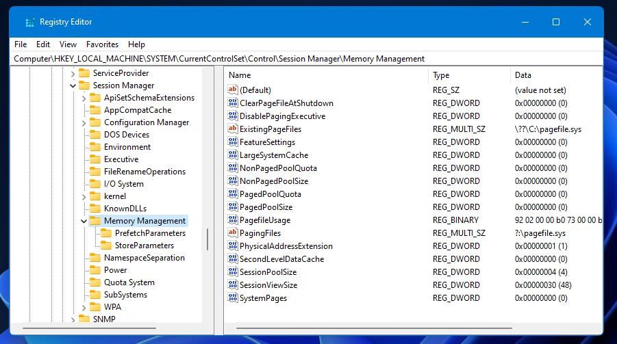 Ключ Memory Management в редакторе реестра