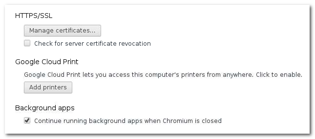 Настройки Chromium с пунктом Google Cloud Print