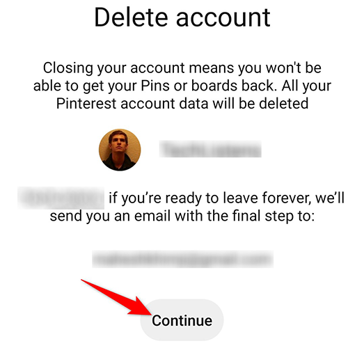 Нажмите «Продолжить» на экране удаления.