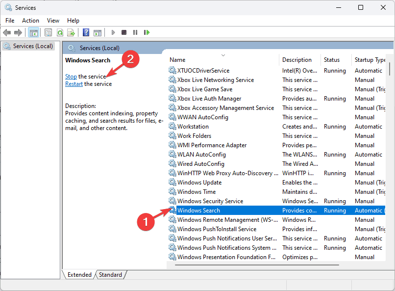 Остановка службы Windows Search в оснастке Службы