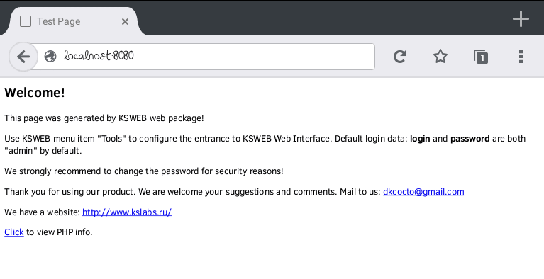 Страница KSWEB по адресу localhost:8080 в браузере Android