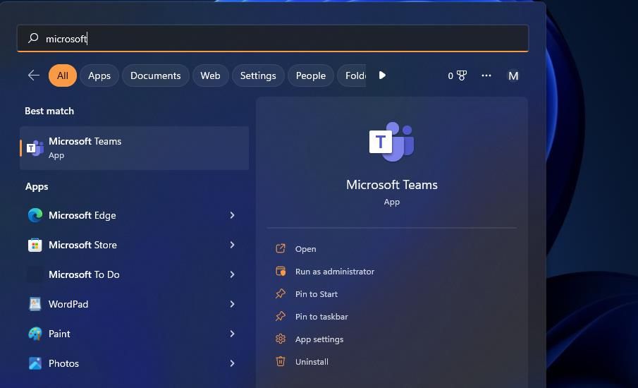 Пункт «Удалить» для Microsoft Teams в поиске приложений