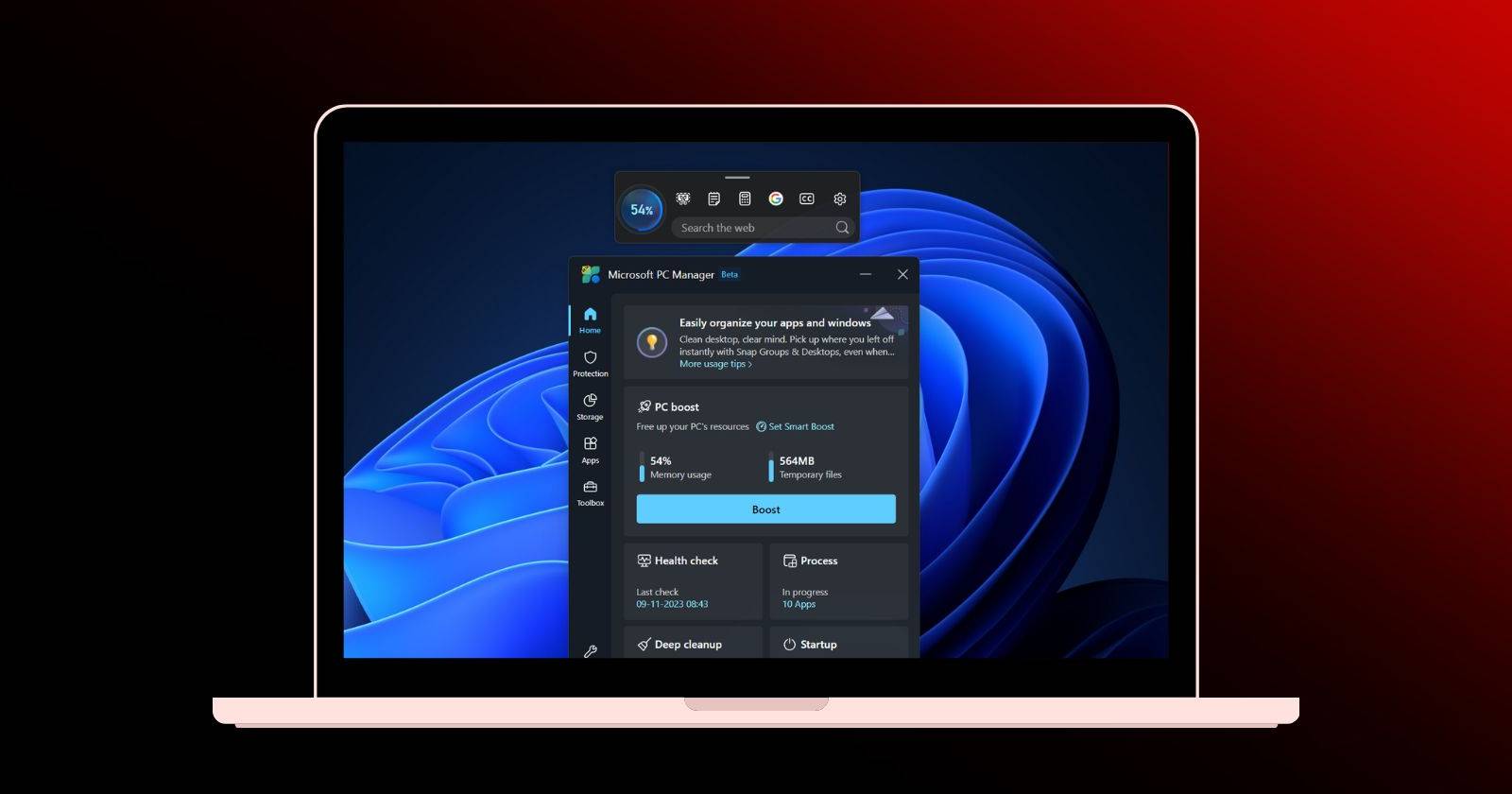 Панель инструментов Microsoft PC Manager в Windows 11