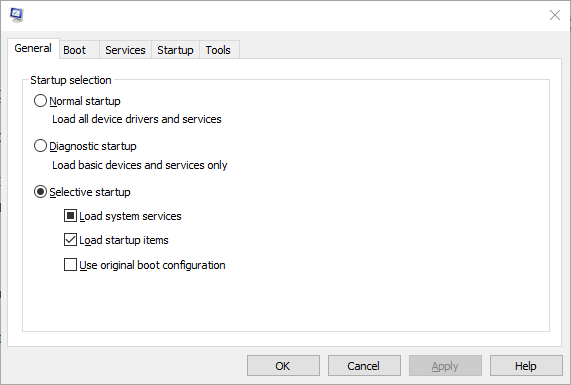 Opciones de inicio selectivo en msconfig