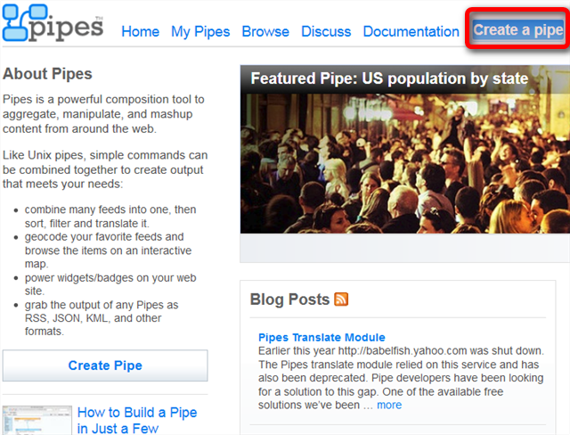 Кнопка 'Create a pipe' в панели Yahoo Pipes