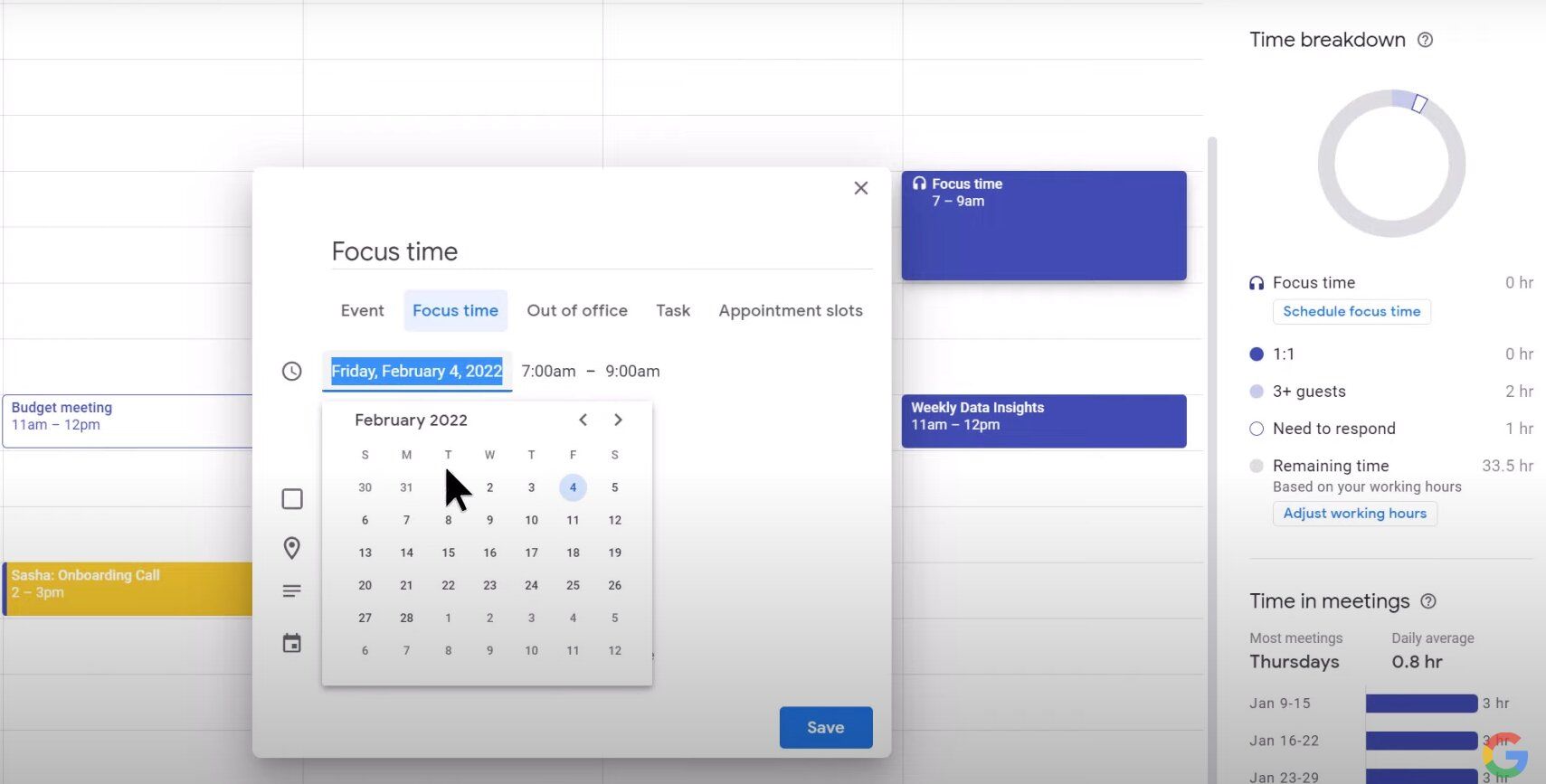 Focus Time Date Change on Google Calendar on PC