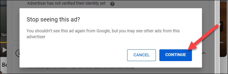 Подтверждение блокировки рекламы в YouTube — окно «Continue»