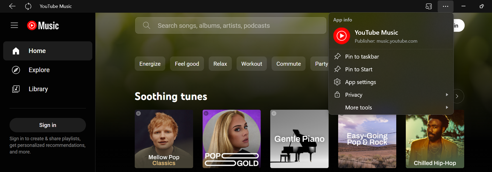 Панель сведений о приложении YouTube Music в Edge