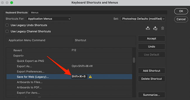 Изменение сочетания клавиш в Photoshop — поле отображения новой комбинации.