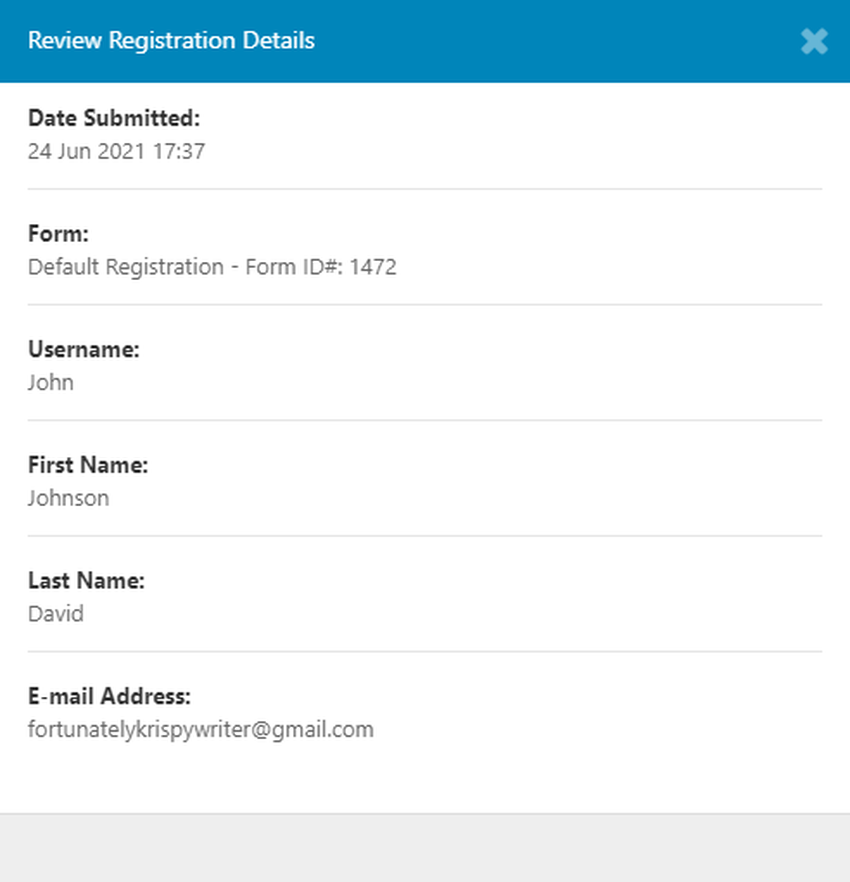 Всплывающее окно с деталями зарегистрированного пользователя