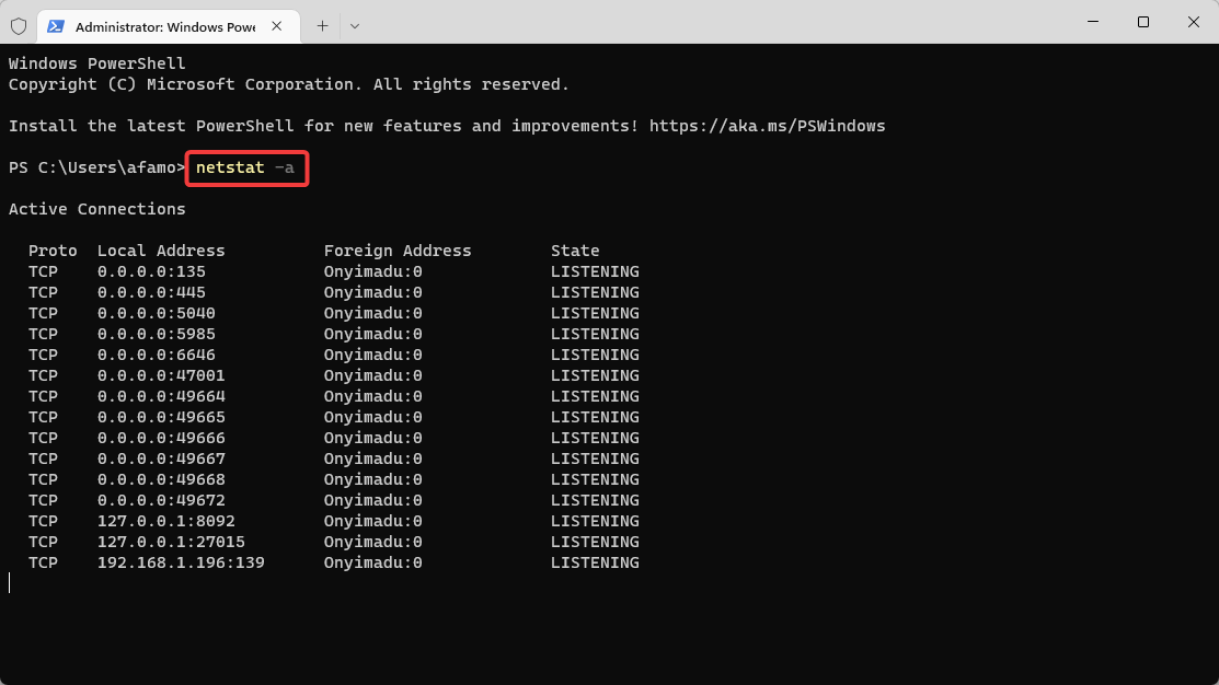 Вывод netstat с перечнем соединений и состоянием LISTENING