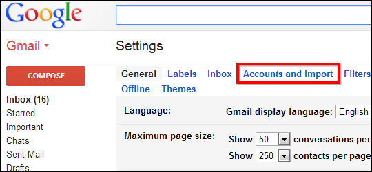 Вкладка 'Аккаунты и импорт' в Gmail