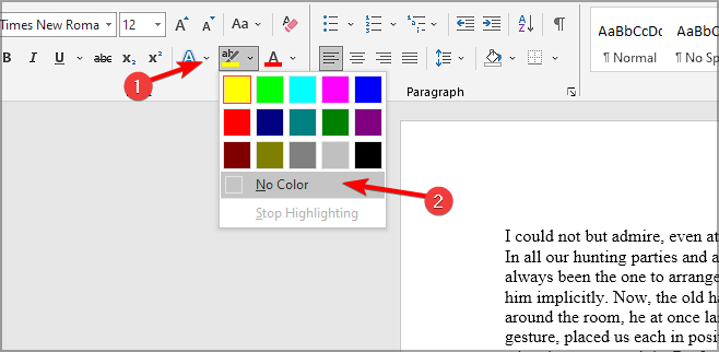 Меню подсветки: опция Нет цвета