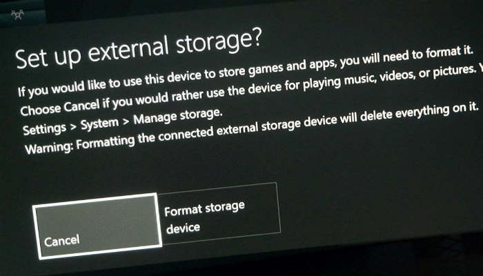 Процесс форматирования внешнего диска на Xbox One
