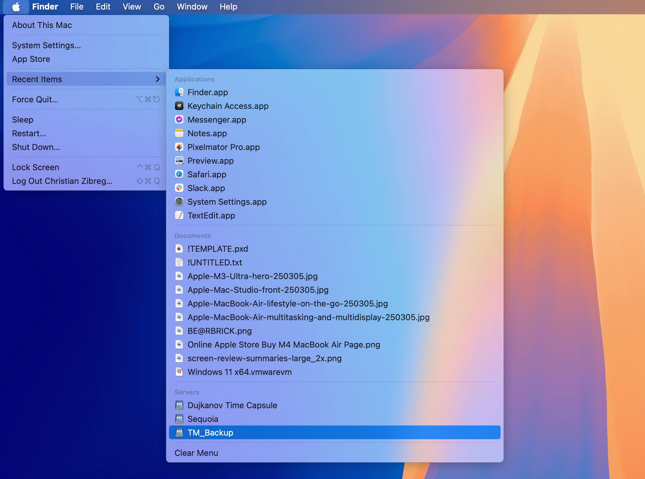 Список недавних элементов в меню Apple с разделом Сервера.