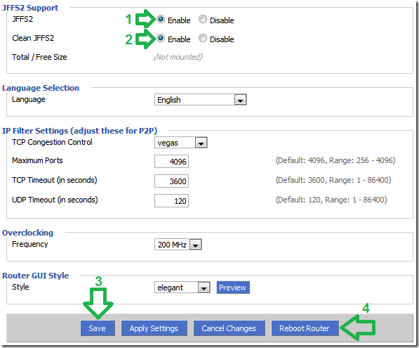 Раздел JFFS в интерфейсе Administration