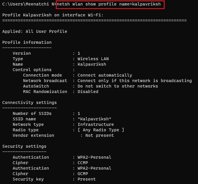 Подробная информация о профиле WLAN в командной строке