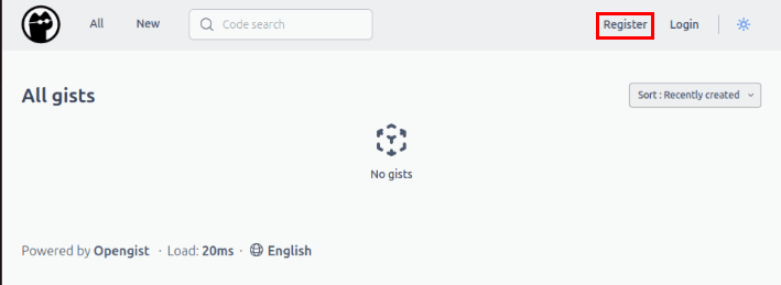Скриншот с выделенной кнопкой Register в правом верхнем углу интерфейса Opengist.