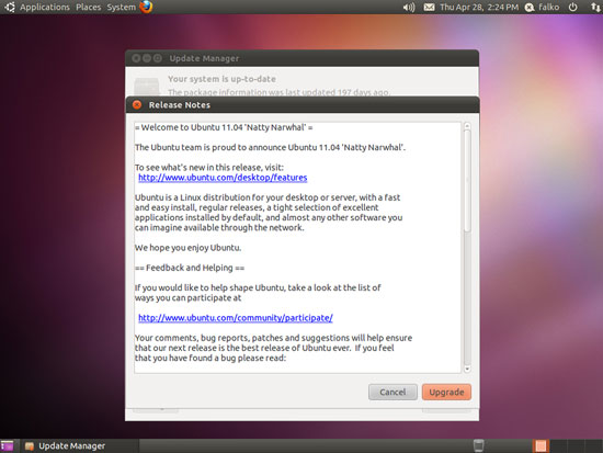 Окно с заметками о выпуске Ubuntu 11.04 и кнопкой «Upgrade»