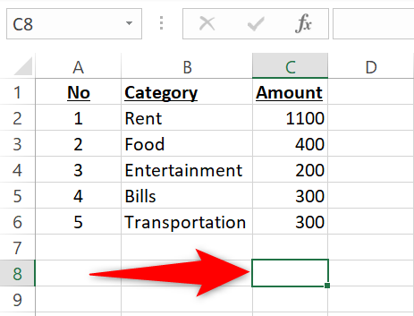 Выбор ячейки C8 рядом с диапазоном