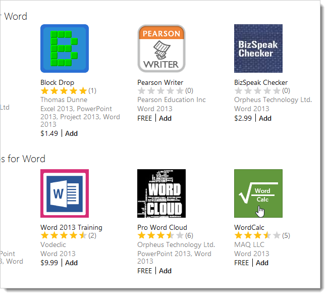 Страница Office Store с приложениями: выбран WordCalc