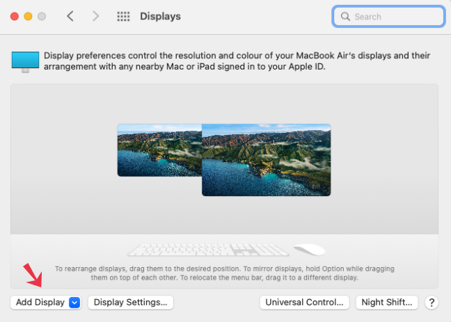 Окно macOS «Добавить дисплей» с доступными устройствами